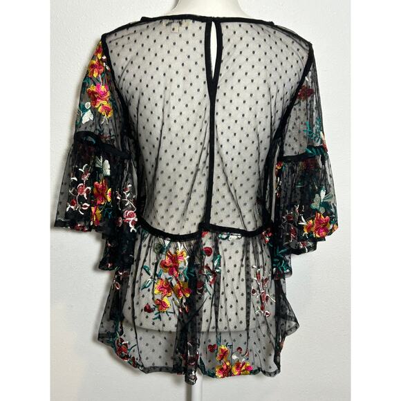 Women's Umgee Black Mesh Lace Sheer Floral Embroidered Peplum Whimsy Top Size S - Picture 3 of 6